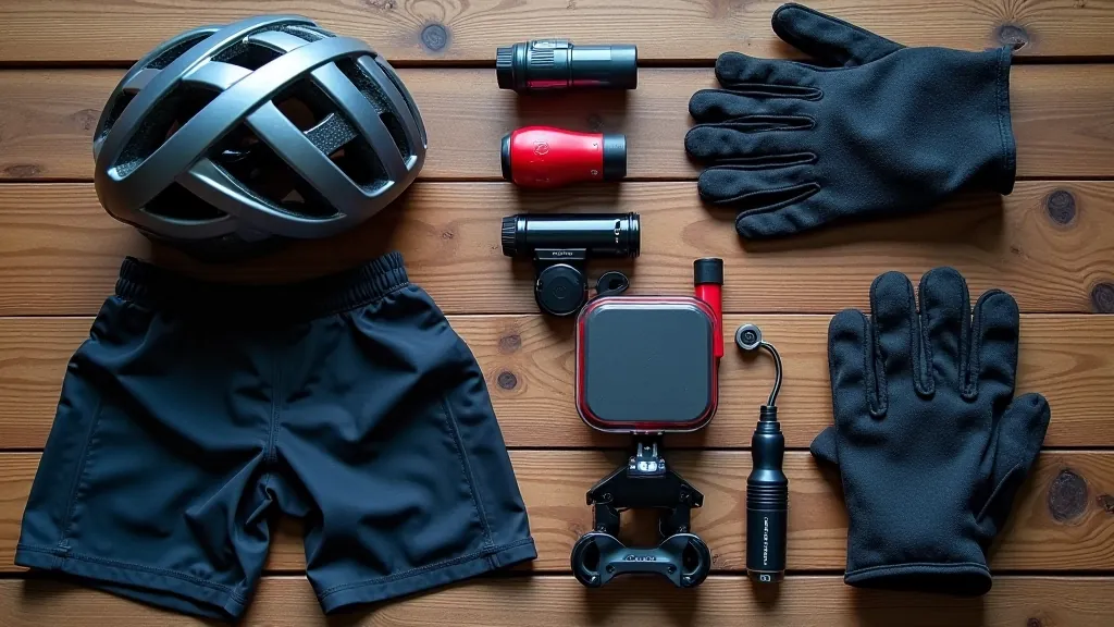 Various cycling comfort items laid out showing helmet, gloves, padded shorts, lights, and repair kit
