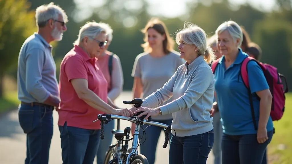 Instructor demonstrating bike maintenance to a group of seniors