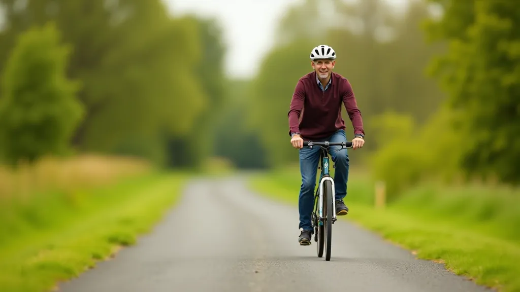 Older adult cyclist riding on flat greenway path with comfortable bike setup and proper gear