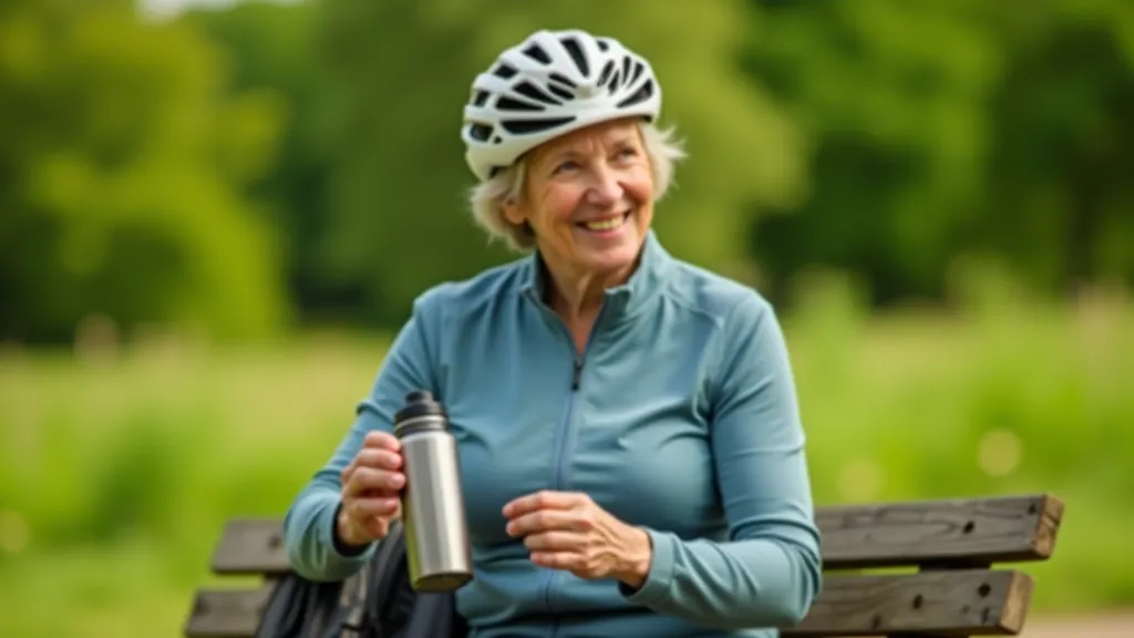 Senior cyclist resting on a scenic bench overlooking green countryside along the Greenway, taking a water break